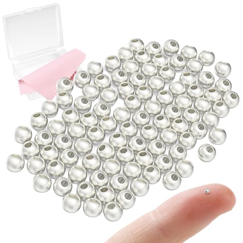 MKCYD Perlen aus 925er Sterlingsilber zur Schmuckherstellung, 2 mm, echtes S925er-Silber, glatte runde Kugelperlen für DIY-Armbänder, Halsketten (hergestellt in Italien) von MKCYD