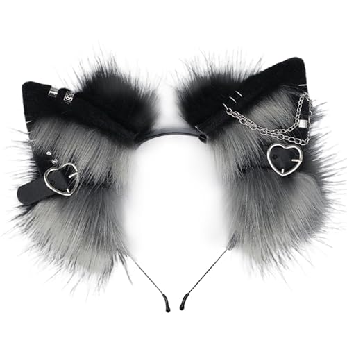 1 STÜCKE Katzenohren Stirnband Pelzigen Ohren Kopfbedeckung Mit Metall Herz Und Kette Dekor for Cosplay Kostüm 1 STÜCKE Katzenohren Stirnband Pelzigen Ohren Kopfbedeckung Mit Metall Herz Und Kette Dekor for Cosplay Kostüm von MKEMQXBEP