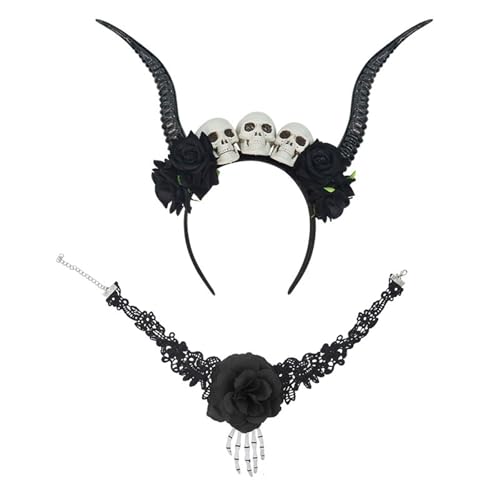 MKEMQXBEP Festival Bühne Kleid Requisiten Horn Stirnband Schwarz Und Rot Blume Haar Zubehör(Blacksuit) von MKEMQXBEP