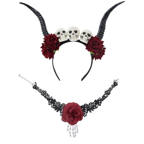 MKEMQXBEP Festival Bühne Kleid Requisiten Horn Stirnband Schwarz Und Rot Blume Haar Zubehör(Burgundysuit) von MKEMQXBEP