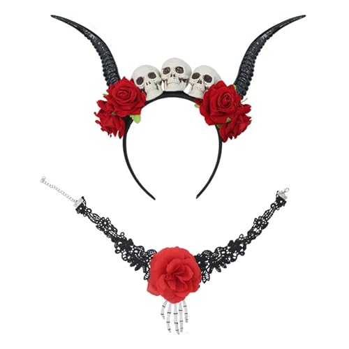 MKEMQXBEP Festival Bühne Kleid Requisiten Horn Stirnband Schwarz Und Rot Blume Haar Zubehör(Redsuit) von MKEMQXBEP