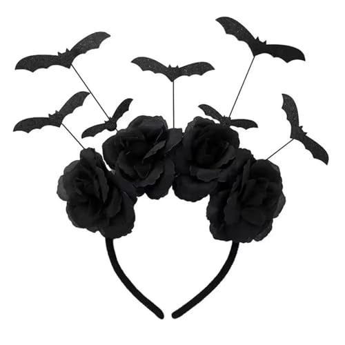 MKEMQXBEP Party HeadbanHexenhut mit schwarzen Kunstblumen Gothic Fledermaus Haarband Dark Cosplay Accessoire for Frauen(Style1) von MKEMQXBEP
