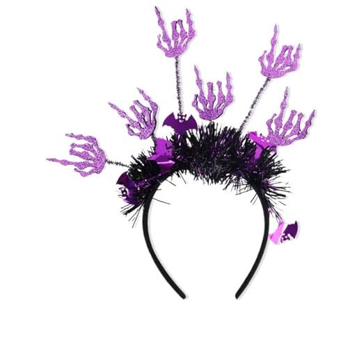 MKEMQXBEP Stirnbänder mit gruseligen Elementen Totenkopf Kürbis Spinne Festliche Haar-Accessoires(Purple Skeleton Hand) von MKEMQXBEP