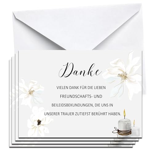 50 Dankeskarten Trauer mit Umschlag – Beileidskarten & Kondolenzkarten Set – Stilvolle Klappkarten mit Text und zarter weißer Blume – Doppelkarten im A6-Format – Trauerkarten Dankeschön Beerdigung von MKISHINE