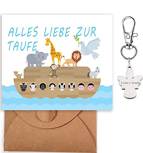 Glückwunsch zur Taufe+Schutzengel Schlüsselanhänger,Klappkarte Taufe Geschenk,Karte Arche Noah zur Taufe, ideal als Geschenk zur Taufe Junge oder Geschenk zur Taufe Mädchen von MKISHINE