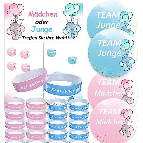 93pcs Gender Reveal Party Deko Set, 1* Gender Reveal Abstimmung Poster+72 Aufkleber+20 Armbänder für Partyeinladungen und Abstimmungsspiele Baby Shower Babyparty Geschlecht Verkündung Party von MKISHINE