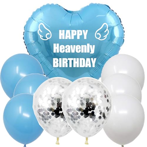 Neun himmlische Luftballons mit Schnur, Happy Heavenly Birthday Blau Ballon Herzförmig für Friedhof Outdoor Garten Hof Memorial Grabmarker Gedenkballon Blumenstrauß Topper Kranz Topper von MKISHINE
