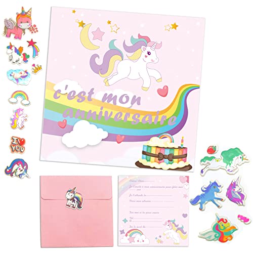 MKISHINE Set mit 10 Einladungskarten, Einhorn, Einladungen zum Geburtstag, Mädchen, auf Französisch + Umschläge, 3D-Einhorn-Aufkleber für 10 Gäste, ideal für Party, Kindergeburtstag von MKISHINE