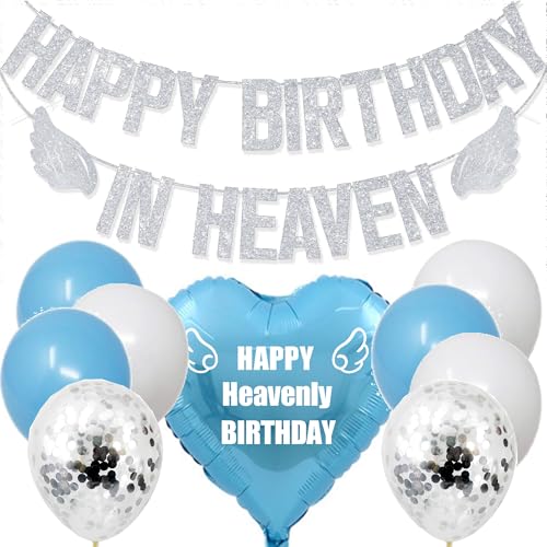 Silber Glitzer Happy Birthday in Heaven Banner, Happy Heavenly Birthday Memorial Banner und Luftballons, lustige himmlische Engelsflügel Party Dekorationen Supplies Blue Heart Balloon, Silber Glitzer Happy Birthday in Heaven Banner, Happy Heavenly Birthday Memorial Banner und Luftballons, lustige himmlische Engelsflügel Party Dekorationen Supplies Blue Heart Balloon, von MKISHINE