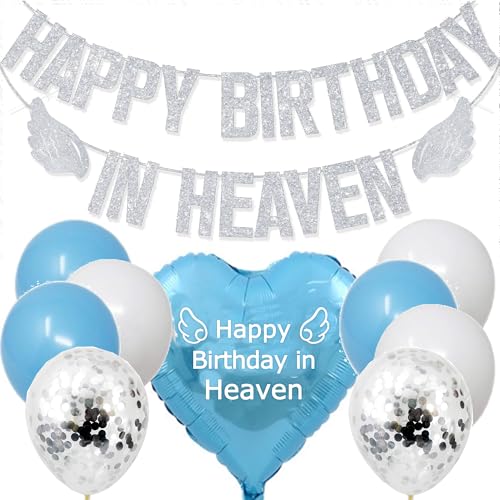 Silber Glitzer Happy Birthday in Heaven Banner, Happy Heavenly Birthday Memorial Banner und Luftballons, lustige himmlische Engelsflügel Party Dekorationen Supplies Blue Heart Balloon, von MKISHINE