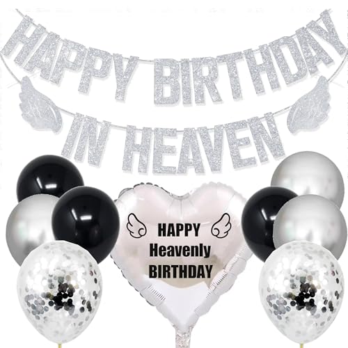 Silber Glitzer Happy Birthday in Heaven Banner, Happy Heavenly Birthday Memorial Banner und Luftballons, lustige himmlische Engelsflügel Party Dekorationen Supplies Silber Herz Ballon Silber Glitzer Happy Birthday in Heaven Banner, Happy Heavenly Birthday Memorial Banner und Luftballons, lustige himmlische Engelsflügel Party Dekorationen Supplies Silber Herz Ballon von MKISHINE