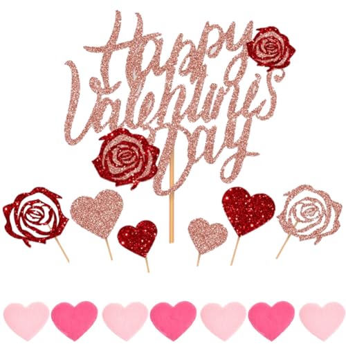 Valentinstag Cake Topper，Valentinstag Kuchen Topper，Love Heart Happy Valentine'S Day Cake Topper， Mit Glitzer Love Heart，Valentin, Hochzeit, Jahrestag Kuchen Cupcake Dekorieren ZubehöR，57pcs von MKKZLPN