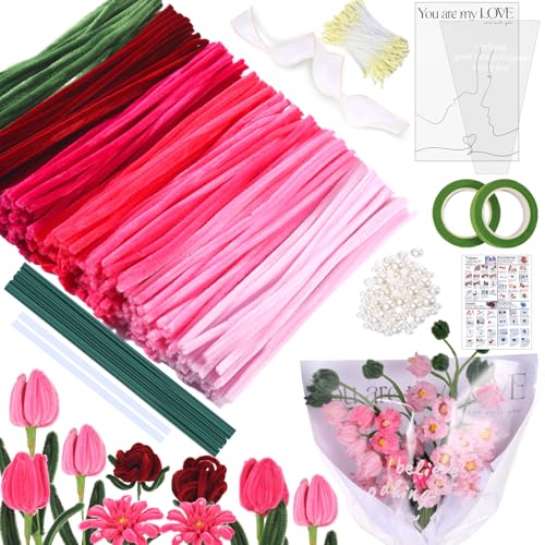 MKLG 385 Stück Pfeifenreiniger Blumen Set, Pfeifenputzer Blumen Zum Basteln, Mit Grüne Blumenstöcke, Klebebandrollen, Klebestifte, Anleitungen, Blumenstraußverpackungen, Bänder, Staubgefäße etc (Rosa) MKLG 385 Stück Pfeifenreiniger Blumen Set, Pfeifenputzer Blumen Zum Basteln, Mit Grüne Blumenstöcke, Klebebandrollen, Klebestifte, Anleitungen, Blumenstraußverpackungen, Bänder, Staubgefäße etc (Rosa) von MKLG