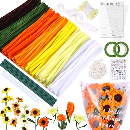 MKLG 385 Stück Pfeifenreiniger Blumen Set, Pfeifenputzer Blumen zum Basteln, Mit Grüne Blumenstöcke, Klebebandrollen, Klebestifte, Anleitungen, Blumenstraußverpackungen, Bänder, Staubgefäße etc (Gelb) MKLG 385 Stück Pfeifenreiniger Blumen Set, Pfeifenputzer Blumen zum Basteln, Mit Grüne Blumenstöcke, Klebebandrollen, Klebestifte, Anleitungen, Blumenstraußverpackungen, Bänder, Staubgefäße etc (Gelb) von MKLG
