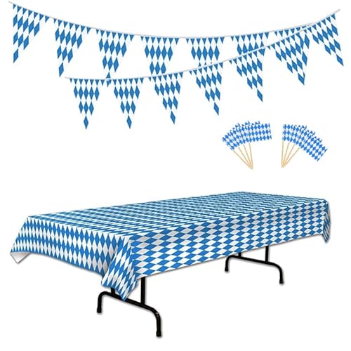 MKLG Oktoberfest Deko Set, 275cmx128cm Bayrische Deko Tischläufer 20 Stück 20 * 30cm*10m Wimpelkette Blau Weiss mit 20 Stück Zahnstocher Flaggen für Oktoberfest Partysdeko von MKLG