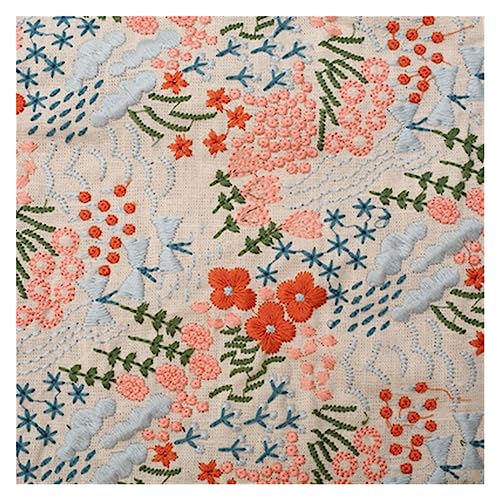 Bestickter Baumwollstoff Blumenstickerei, Slub-Baumwoll-Leinenstoff, DIY-Handbuch, Tasche, Tischdecke, Kissen, Meterware (Color : Beige, Size : 1yard) von MKLHAVB