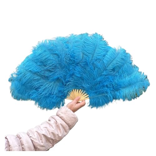 MKLHAVB Farbiger natürlicher Federfächer, 15 Knochen, Handfedern, Faltbarer Fächer for Tanz, Bühnenshow, Performance-Requisiten(Blue,1PCS 70cmx40cm Right) von MKLHAVB