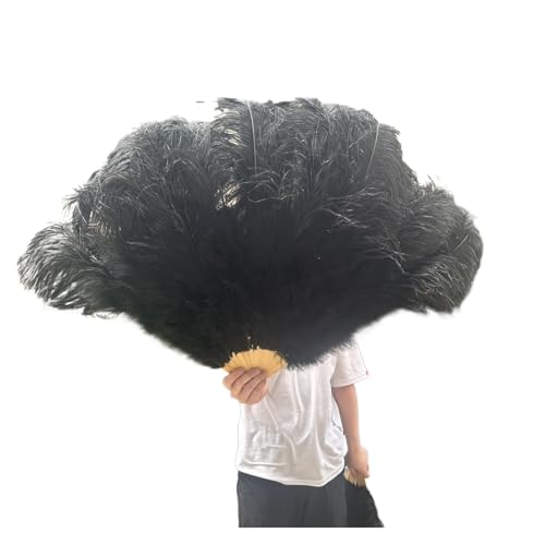 MKLHAVB Großer 13-Knochen-Fuffly-Feder-Fächer, 100 cm, 130 cm, rosafarbener Handfeder-Fächer for Hochzeit, Party, Bühnenauftritt, Requisiten(Black,Left Hand 130CM) von MKLHAVB