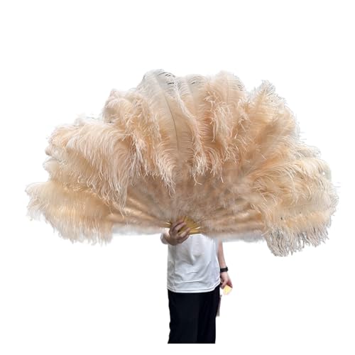 MKLHAVB Großer 13-Knochen-Fuffly-Feder-Fächer, 100 cm, 130 cm, rosafarbener Handfeder-Fächer for Hochzeit, Party, Bühnenauftritt, Requisiten(Champagne,Right Hand 130CM) von MKLHAVB