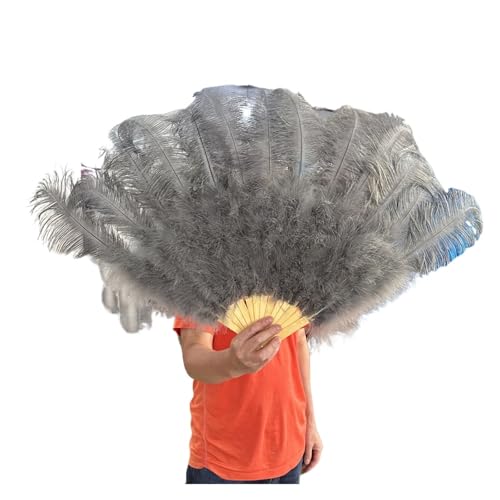 MKLHAVB Großer 13-Knochen-Fuffly-Feder-Fächer, 100 cm, 130 cm, rosafarbener Handfeder-Fächer for Hochzeit, Party, Bühnenauftritt, Requisiten(Grey,Right Hand 130CM) von MKLHAVB