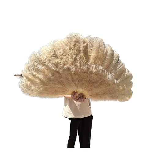 MKLHAVB Großer 13-Knochen-Fuffly-Feder-Fächer, 100 cm, 130 cm, rosafarbener Handfeder-Fächer for Hochzeit, Party, Bühnenauftritt, Requisiten(Khaki,Left Hand 130CM) von MKLHAVB