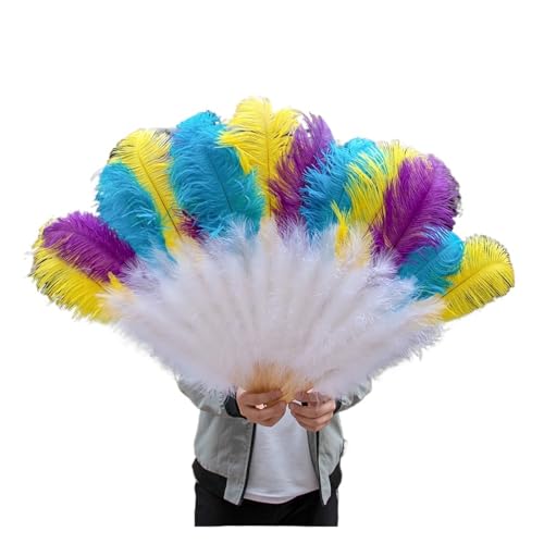 MKLHAVB Großer 13-Knochen-Fuffly-Feder-Fächer, 100 cm, 130 cm, rosafarbener Handfeder-Fächer for Hochzeit, Party, Bühnenauftritt, Requisiten(Mix Color,Right Hand 130CM) von MKLHAVB