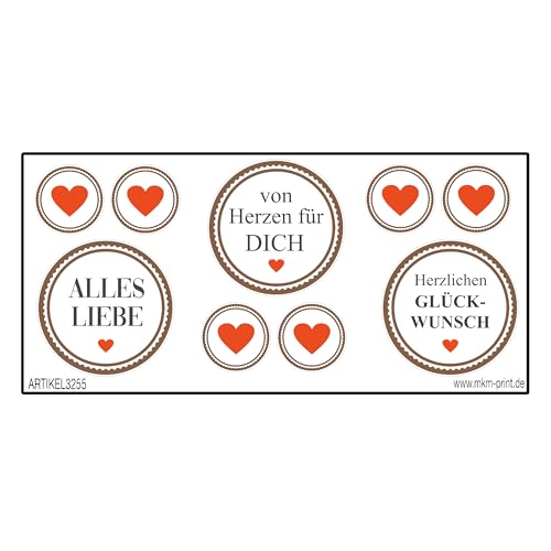 27 Stk. Aufkleber "Alles Liebe - Von Herzen für dich - Herzlichen Glückwunsch", rund 3cm und rund 6cm von MKM Print
