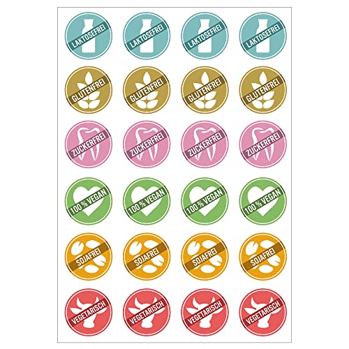 Hinweissticker | 24 Stk. Aufkleber | Laktosefrei Glutenfrei Zuckerfrei 100% Vegan Sojafrei Vegetarisch | rund 4cm von MKM Print