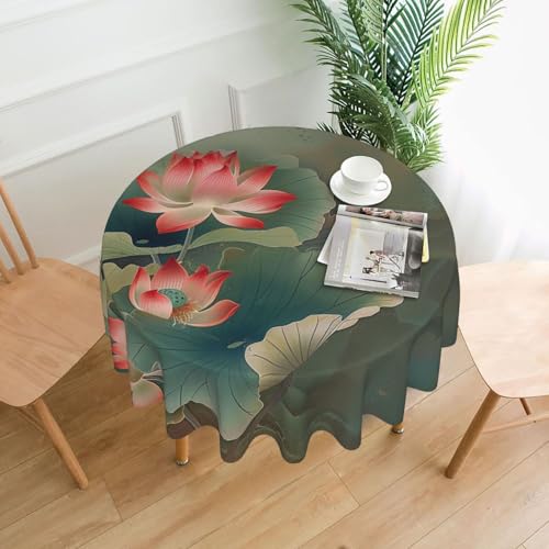 MKNAZ Runde Tischdecke mit Lotusblume und Libelle, bedruckt, 152,4 cm, dekorative Tischdecke, Polyester-Bezug für Küche, Esszimmer, Partys, Hochzeiten, Picknick von MKNAZ