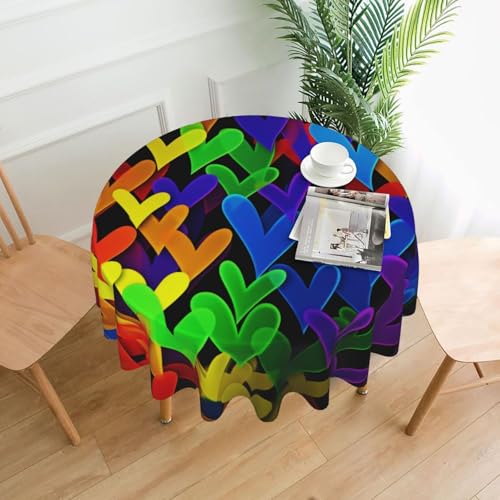 MKNAZ Runde Tischdecke mit Regenbogen-Herz-Druck, 152,4 cm, dekorative Tischdecke, Polyester-Bezug für Küche, Esszimmer, Partys, Hochzeiten, Picknick von MKNAZ