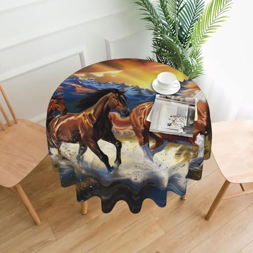 MKNAZ Runde Tischdecke mit laufenden Pferden, bedruckt, 152,4 cm, dekorative Tischdecke, Polyester-Bezug für Küche, Esszimmer, Partys, Hochzeiten, Picknick von MKNAZ
