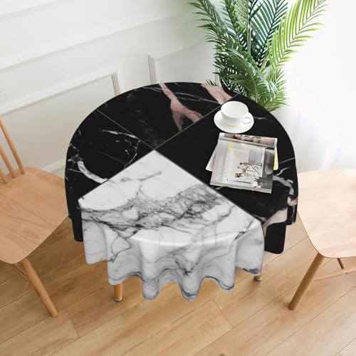 Runde Tischdecke mit Marmor-Druck, 152,4 cm, dekorative Tischdecke, Polyester-Bezug für Küche, Esszimmer, Partys, Hochzeiten, Picknick, Schwarz / Weiß von MKNAZ