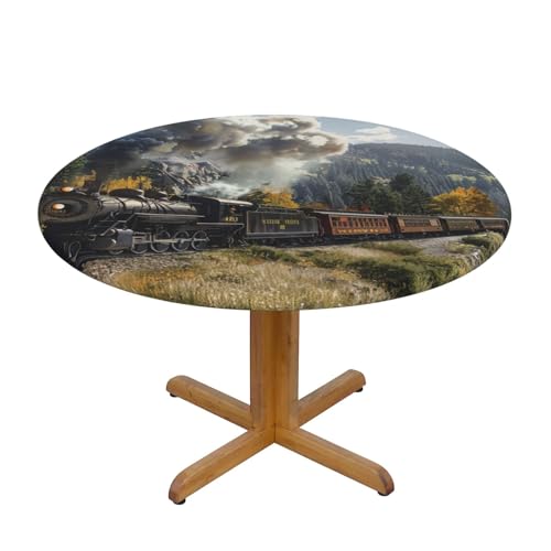 Tischdecke mit Dampflokomotiven-Zug, bedruckt, rund, Durchmesser 138 cm, dekorativer Tischschutz, Abdeckung für Küche, Esszimmer, Partys, Hochzeiten, Picknick von MKNAZ