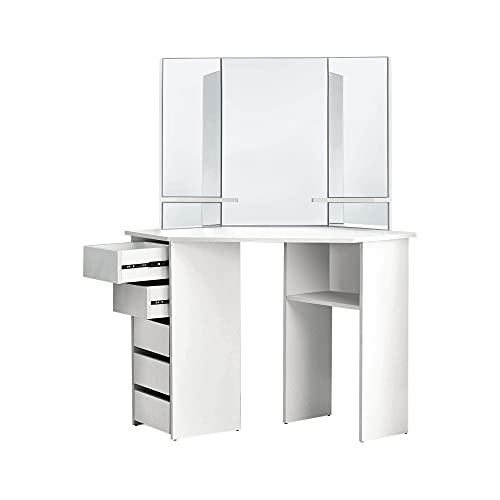 ML-Design Eckschminktisch Weiß, Frisiertisch mit 3 Spiegeln, 5 Schubladen und 3 Ablagefächern, 110x141,5x54 cm, Kosmetiktisch für Damen und Mädchen, Frisierkommode aus MDF Holz, Kommode Make-up Tisch ML-Design Eckschminktisch Weiß, Frisiertisch mit 3 Spiegeln, 5 Schubladen und 3 Ablagefächern, 110x141,5x54 cm, Kosmetiktisch für Damen und Mädchen, Frisierkommode aus MDF Holz, Kommode Make-up Tisch von ML DESIGN modern living