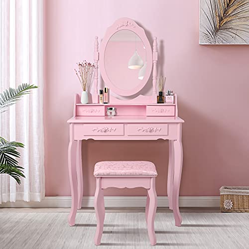 ML-Design Schminktisch Pink, Frisiertisch mit Spiegel, Hocker und 4 Schubladen, 75x139x40 cm, Landhausstil, Kosmetiktisch für Damen & Mädchen, Frisierkommode aus MDF Holz, Kommode Make-up Tisch ML-Design Schminktisch Pink, Frisiertisch mit Spiegel, Hocker und 4 Schubladen, 75x139x40 cm, Landhausstil, Kosmetiktisch für Damen & Mädchen, Frisierkommode aus MDF Holz, Kommode Make-up Tisch von ML DESIGN modern living