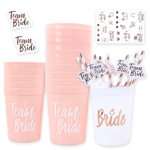 16 Stück JGA Becher,Braut und Team Braut Tassen mit Tattoos und Team Bride Strohhalme Set,Bride Tribe Becher für Bridal Shower,Verlobungsfeier,Junggesellenabschied Party von MLABINYA
