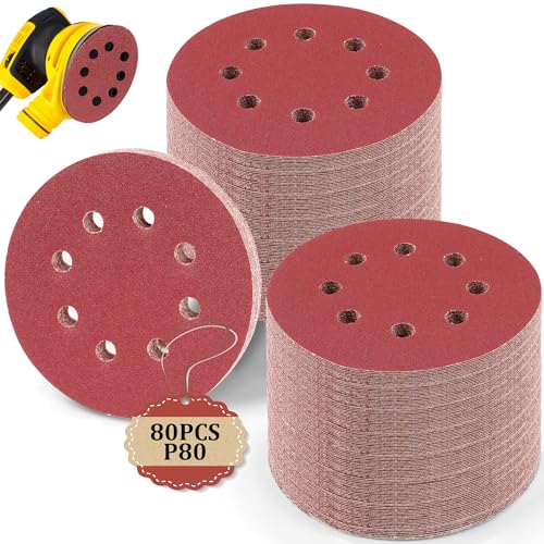 80 Stück Schleifpapier 125mm Klett, Schleifscheiben 5 in 8 Loch, 80 Körnung, Wandschleifer für Holz, Metall, Kunststoff, Zubehör für Elektrowerkzeuge von MLACXLT