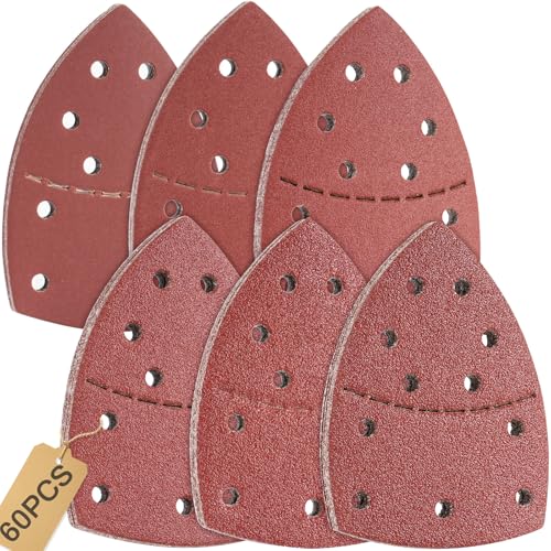 60 Stück Schleifpapier Dreieckschleifer Set 105x152 mm (93x93x93 mm), 11-Loch(40/60/80/120/240/400x10 Stück), für Bosch PSM 100A, PSM 160, PSM 200 AES, PSM 18, PDA 180，für Holz, Metall, Kunststoff von MLACXLT