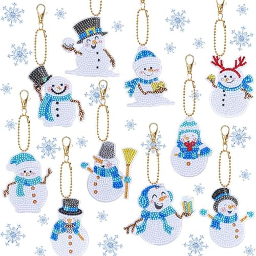 MLPKOI 10 Stück Schneemann Diamant Schlüsselanhänger Set, Diamond-Painting Weihnachtsanhänger Glänzend Exquisit DIY 5D Diamant Painting Anhänger Geschenkanhänger Weihnachtsbaumanhänger von MLPKOI