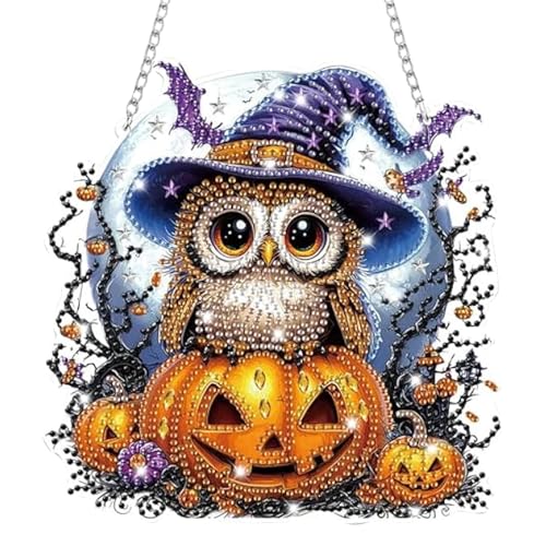 MLPKOI Halloween Diamond Painting Anhänger Eule mit Kette, Diamant Malerei Bilder Kristall Anhänger, Diamond Painting Fensterbilder Eule Kürbis Herbst Deko Fenster, Tür Fenster Wand Eingang Decor von MLPKOI