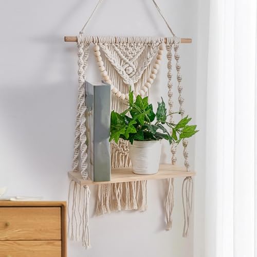 MLSHWUG Makramee Hänregal Mit Holzperlen Boho Wanddeko Für Wohnzimmer Schlafzimmer Badezimmer,Beige,40 x 15 x 60 cm von MLSHWUG