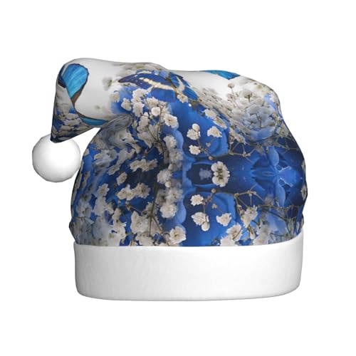 MLTRFGJ Blaue Schmetterlinge, weiße Blumen, bedruckte Weihnachtsmütze, für Erwachsene, festliches Partyzubehör für Weihnachten und Neujahr von MLTRFGJ