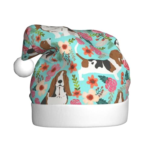 Süße Basset Hound Florals bedruckte Weihnachtsmütze für Erwachsene, festliches Partyzubehör für Weihnachten und Neujahr von MLTRFGJ