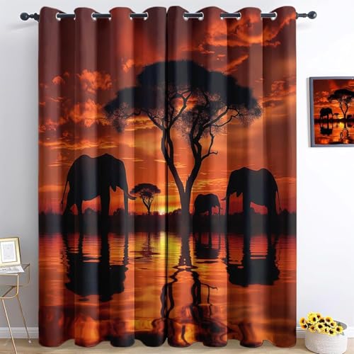MLUNKQAIL Verdunklungsvorhänge Elefant Vorhänge Blickdicht Sonnenuntergang Gardinen mit Ösen Wärmedämmvorhang Verdunklungsdekoschal Gardinen Wohnzimmer 2Er Set 50X140cm (BxH) von MLUNKQAIL