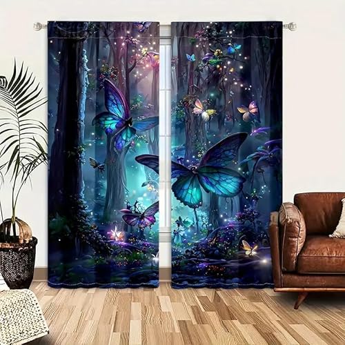 MLUNKQAIL Vorhang Blickdicht Schmetterling Gardinen Wald Verdunkelungsvorhang Schlafzimmer Fensterdekoration Thermo, für Gardinen Wohnzimmer Kinderzimmer 140X175cm (BxH) von MLUNKQAIL