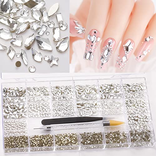 Weiße Strasssteine für Nägel, runde Perlen, flache Rückseite, Glassteine, verschiedene Formen, 3D-Nagelkristalle, weiße Strasssteine, flache Rückseite, 5500 Stück von MLWSKERTY