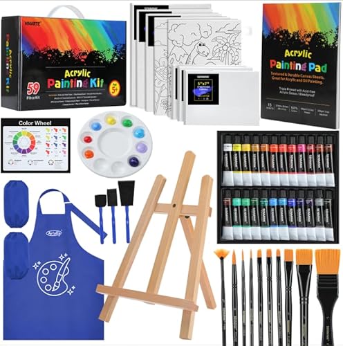 Komplettes Acrylfarben-Kunst-Set, 59-teiliges Set mit Holzstaffelei, Farbtuben, Pinseln, Leinwand-Pad, blauer Schürze von MMARTE