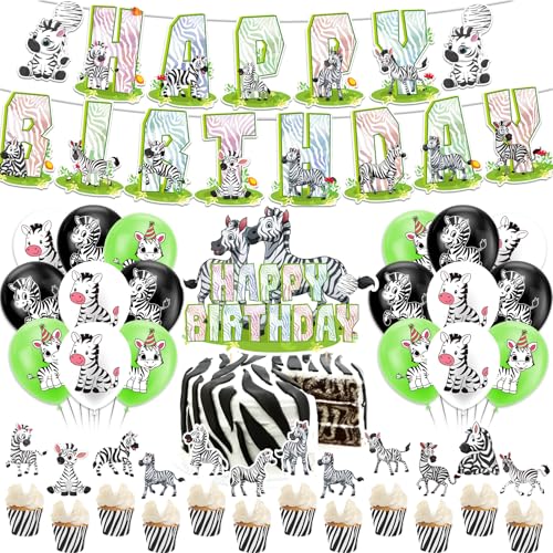 Zebra Party Decorations Zebra Birthday Party Supplies Includes Safari Animal Zebra Birthday Banner, Cake Topper, Cupcake Toppers, Balloons von MMBDAMAI