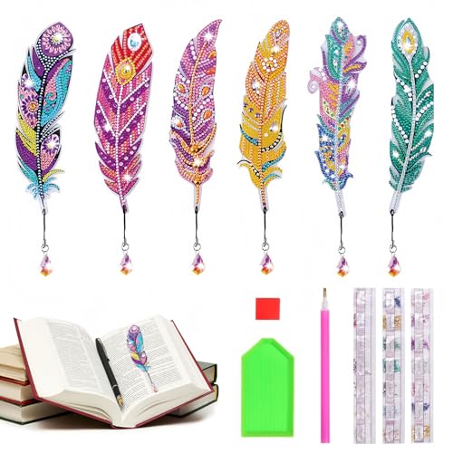 MMDOCO 6 Stück Diamond Painting Lesezeichen, Diamant Malerei Lesezeichen mit Anhänger Kristall, 5D Diamant-Malerei Feder Lesezeichen, DIY Bookmark für Reading Geschenk für Buchliebhaber Kinder von MMDOCO