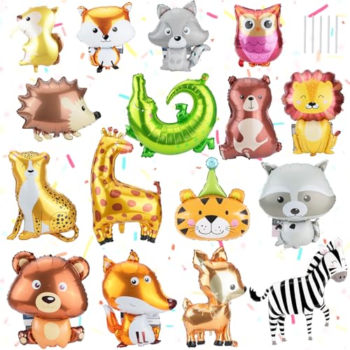 MOAMUN 16 Stück Folienballon Tiere und 5 Strohhalme, 3D Luftballon Tiere Helium Ballons 45-89cm, Kinderluftballons Dschungel Deko Geburtstag für Kinder Party Tieres Baby Dusche Geburtstag Dekor von MOAMUN